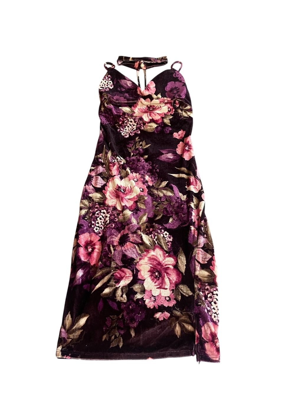 Floral Halter Velvet Midi Dress in Purple & Pink